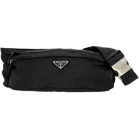 Prada Body Bag Black Tessuto 2VL132 Belt Nylon PRADA Triangle Plate Waist Pou... - Picture 1 of 10